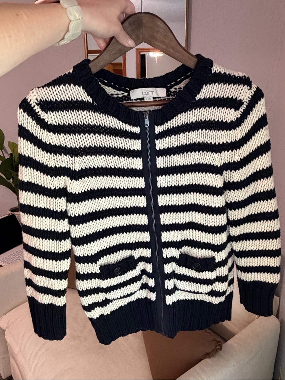 LOFT Navy and White Striped Zip Cardigan